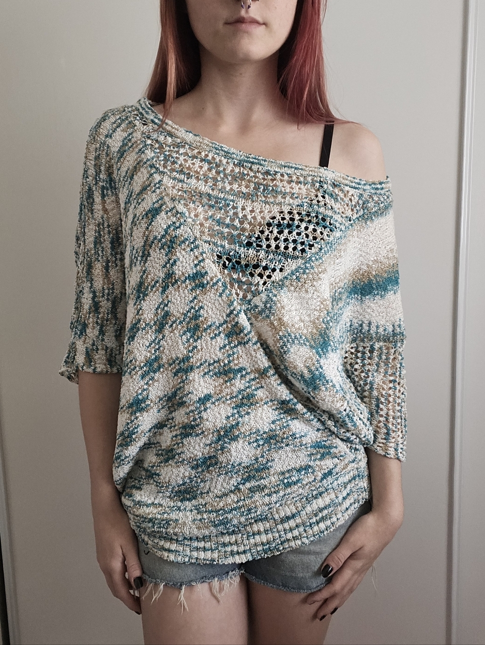 y2k Marco G Chrochet Hollow Knit Cover up off shoulder Top, blue & tan Beachy MD